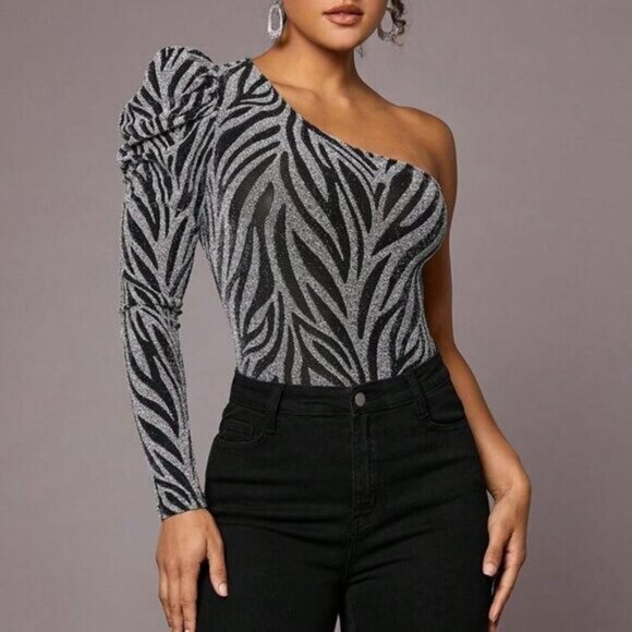 Metallic Zebra Print One-Shoulder Bodysuit With Puff Sleeve Asymmetrical Necklin - Picture 3 of 5